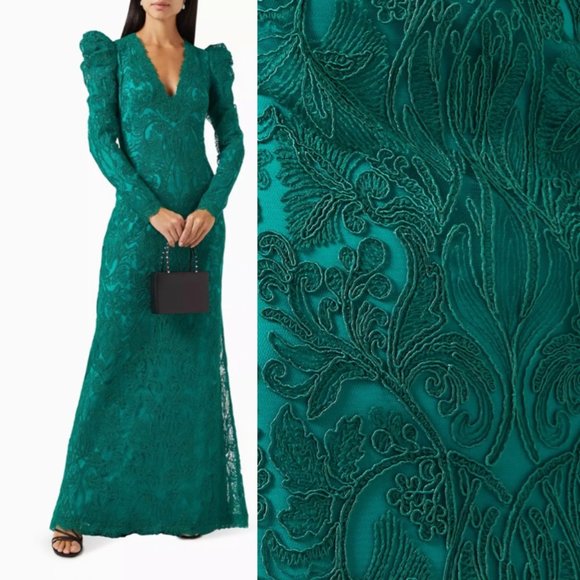 NWT TADASHI SHOJI Embroidered Lace Sleeve Gown Dress Pine Green